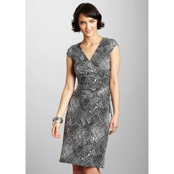 Size 14 Evan Picone Black‎ & White Print Faux-Wrap Dress Spring Summer Wedding - Picture 1 of 6